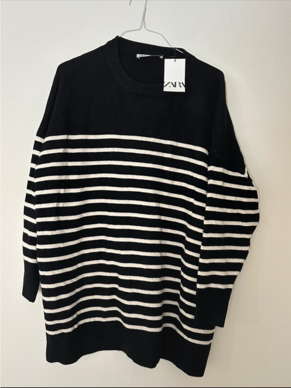 Zara Black and White Striped Crewneck Sweater